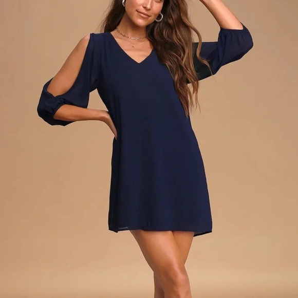 Lulus Shifting Dears Navy Blue Long Sleeve Dress Size Small - Picture 1 of 7